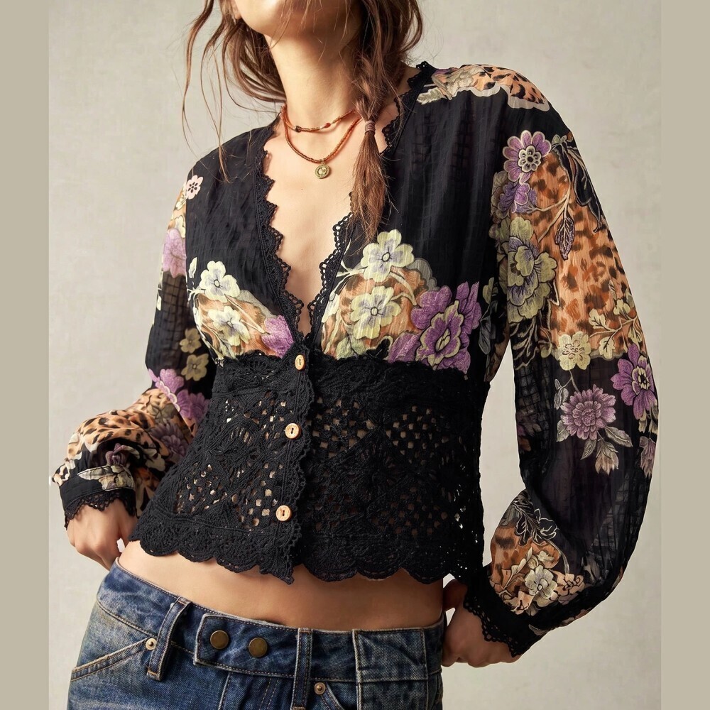 Black Floral Leopard Print Crochet Trim V Neck Blouse